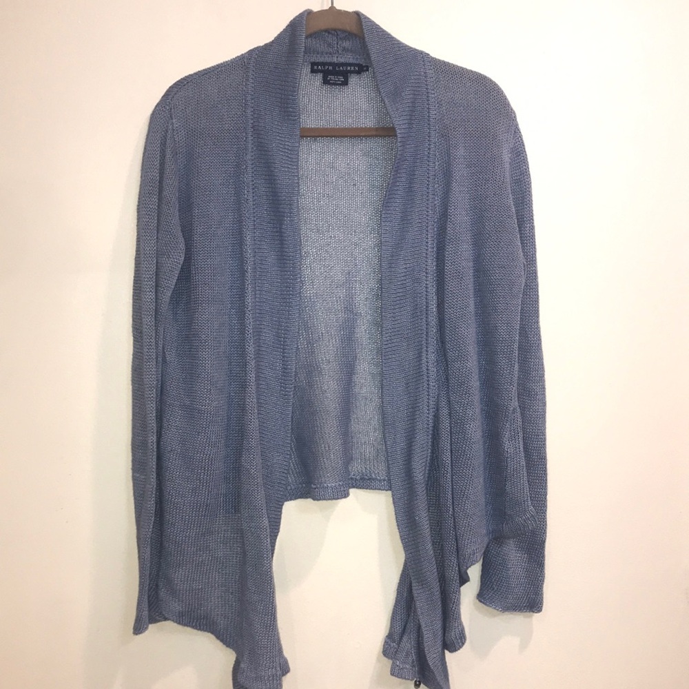 Ralph Lauren Linen Women's Blue Lightweight Adjustable Shawl Front Sweater Med